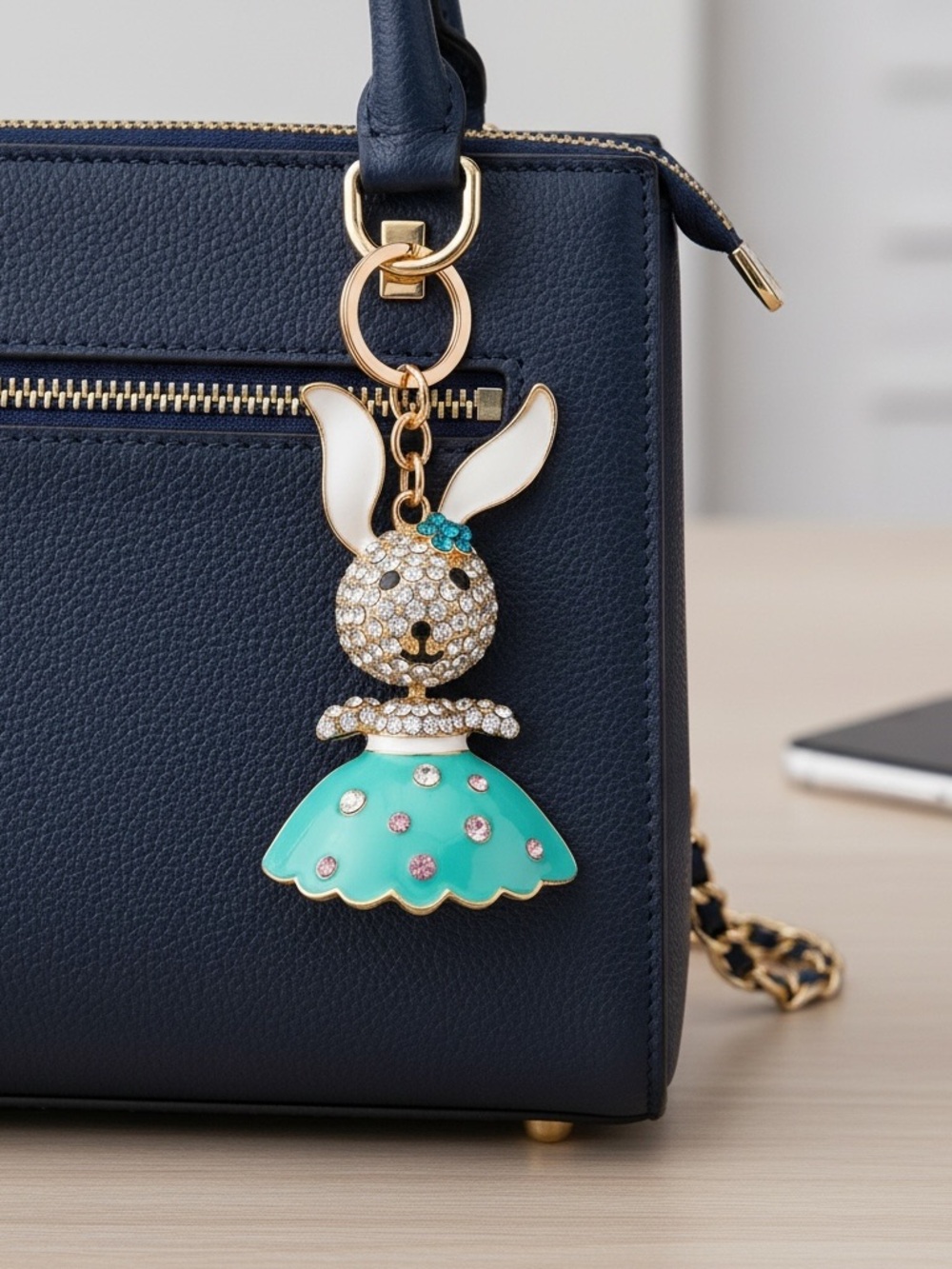 Bunny rhinestone Charm or keychain super cute in skirt with hair bow to arch - Picture 4 of 5